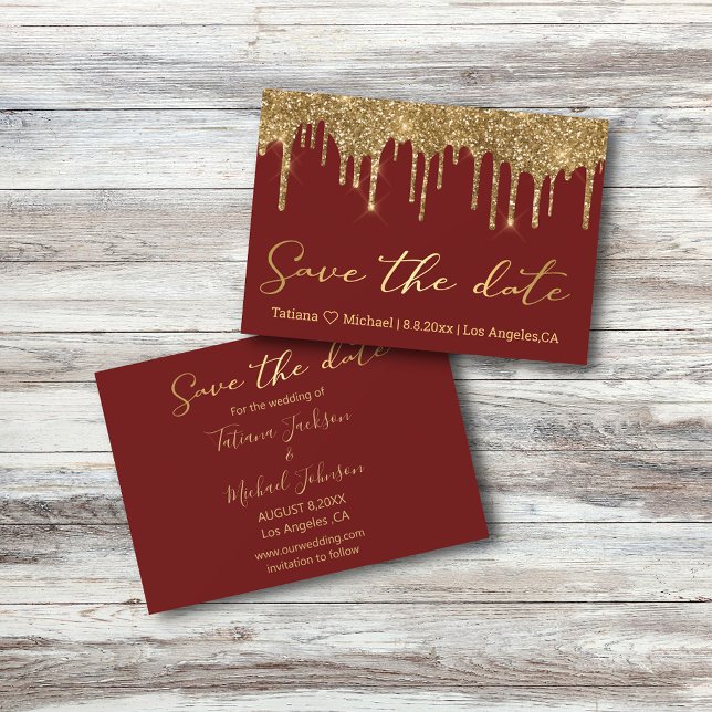 save the date gold dripping glitters  red wedding note card (Creator Uploaded)