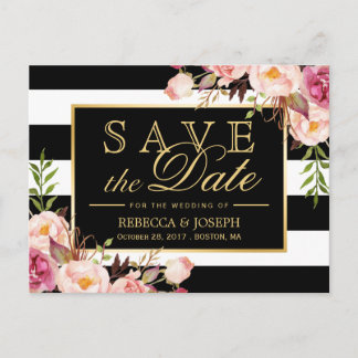 Save the Date - Gold Floral Black & White Stripes Announcement Postcard