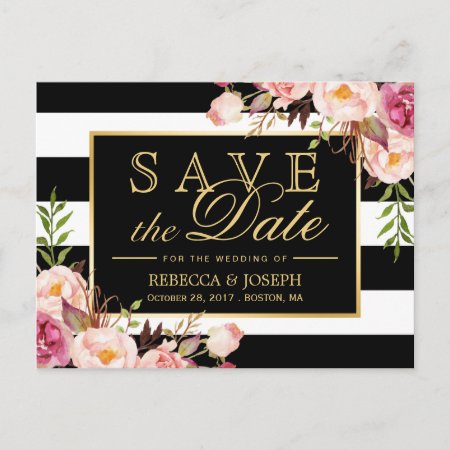 Save The Date - Gold Floral Black & White Stripes Announcement Pos