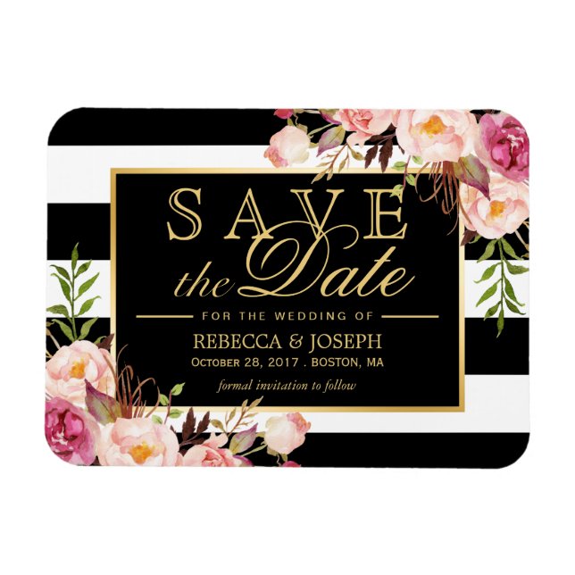 Save the Date - Gold Floral Decor B&W Stripes Magnet (Horizontal)