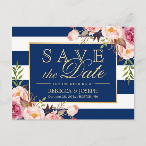 Save the Date _ Gold Floral Navy Blue Stripes Announcement Postcard