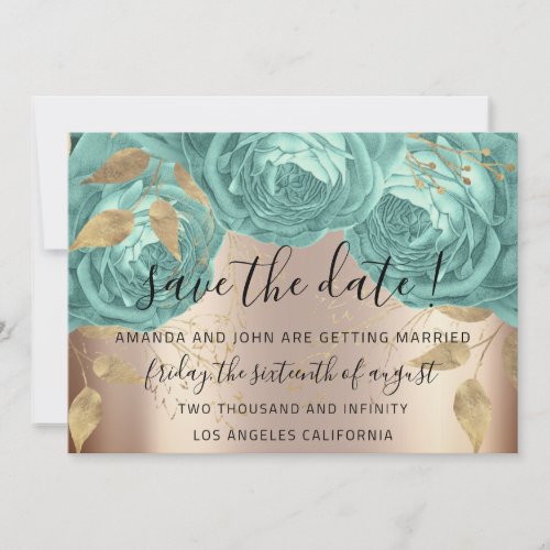 Save The Date Gold Floral Roses Aqua Tiffanyies