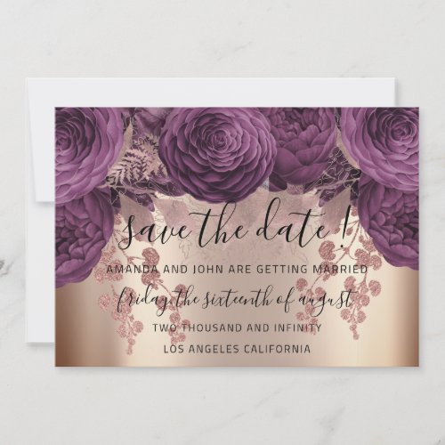 Save The Date Gold Floral Roses Autumn Purple 