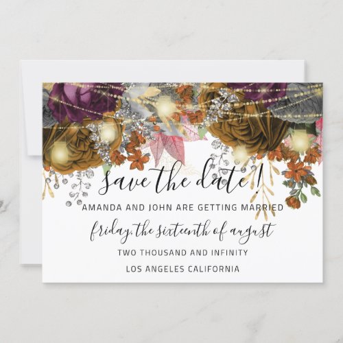 Save The Date Gold Floral Roses Lights White