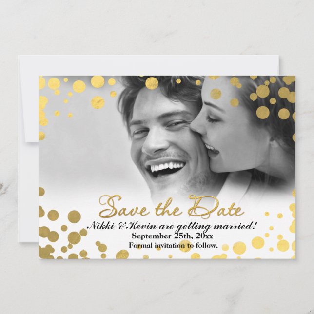 SAVE THE DATE Gold Foil Confetti Dots Photo Card (Front)