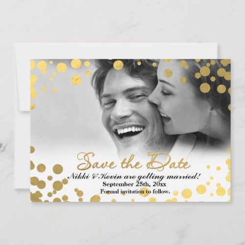 SAVE THE DATE Gold Foil Confetti Dots Photo Card