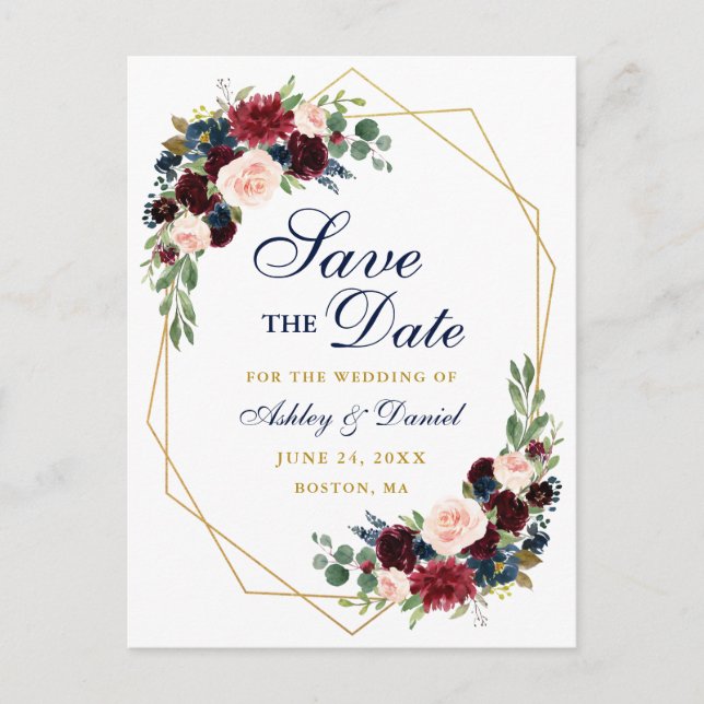 Save the Date  Gold Frame Burgundy Blue Floral Announcement Postcard (Front)