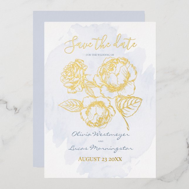 SAVE THE DATE  | Gold Gilded Rose on Dusty Blue Foil Invitation (Front/Back)