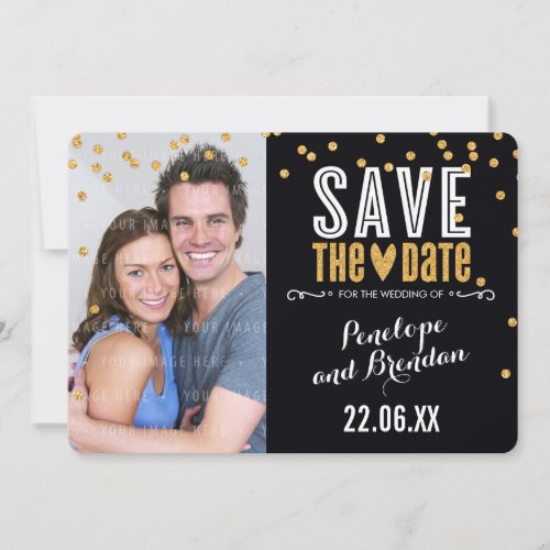 SAVE THE DATE gold glitter confetti bold black