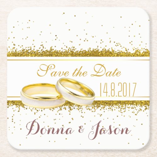 Save the Date Gold Glitter Rings _ Paper Coaster