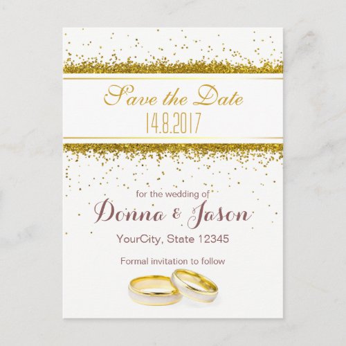 Save the Date Gold Glitter Rings _ Postcard