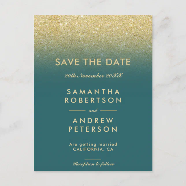 Save the Date gold glitter teal ombre wedding Announcement Postcard ...