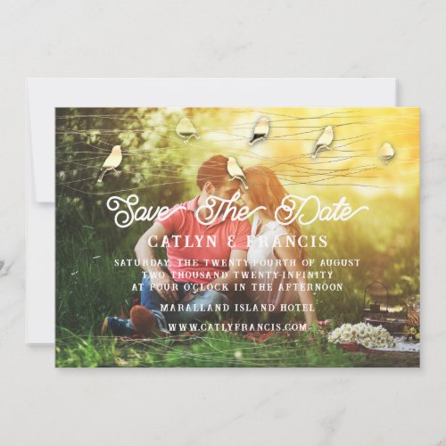 Save The Date Gold Gray Foto Cottage Bird Woodland Invitation
