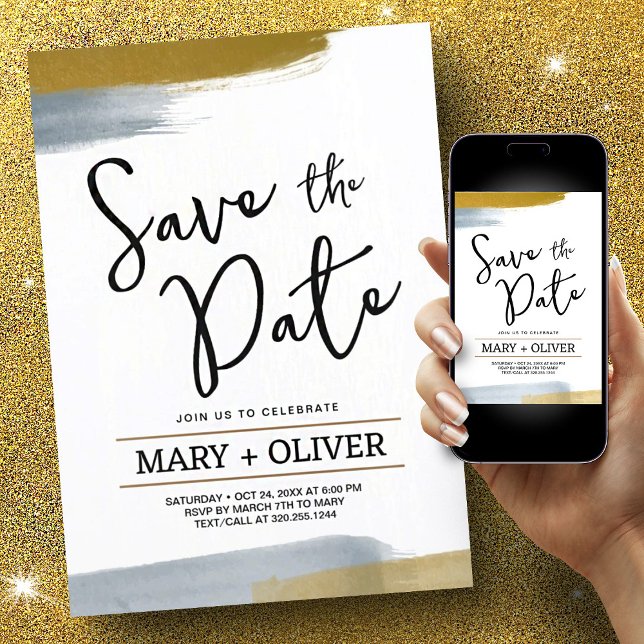 Save the Date Gold Grey Minimalist Abstract Modern Invitation (Creator Uploaded)