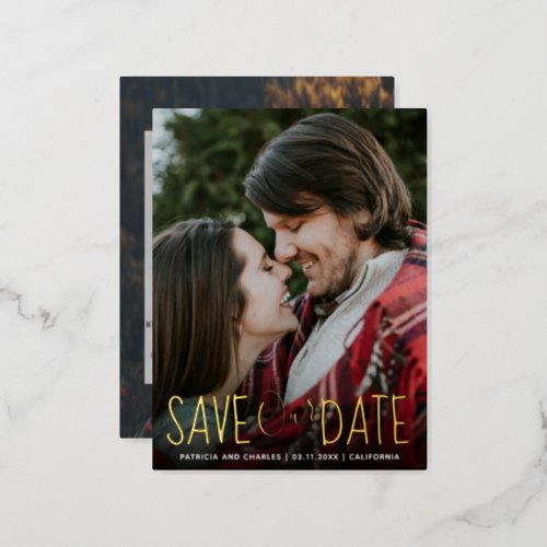 Save the Date gold hand written typography photo Foil Invitation Postcard