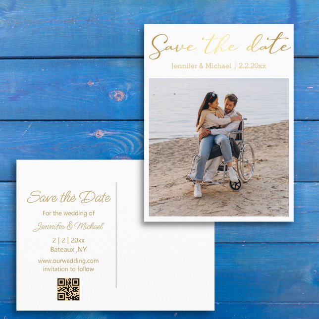 save the date gold handwriting  couple photo   announcement postcard (Creator Uploaded)