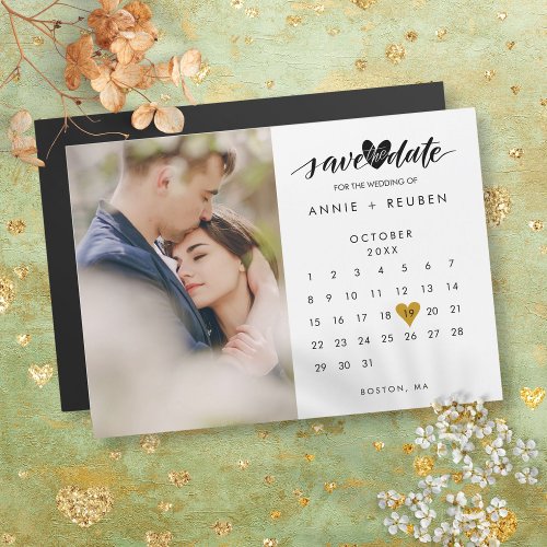 Save the Date Gold Heart Calendar Photo Magnetic 