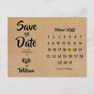 Save the Date Gold Heart Calendar Rustic Boho Announcement Postcard