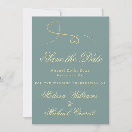 Save the Date - Gold Hearts Emerald Green Wedding