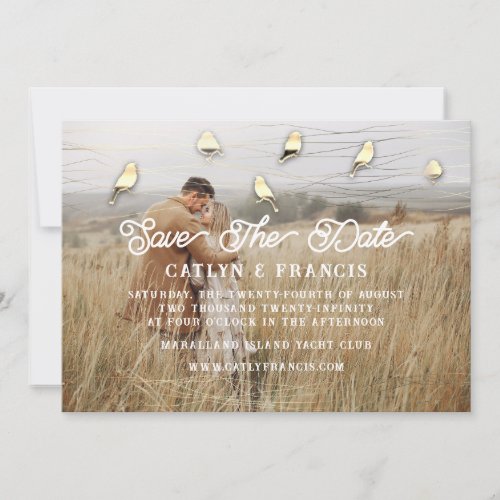 Save The Date Gold Holograph OmbeFoto Cottage Bird Invitation