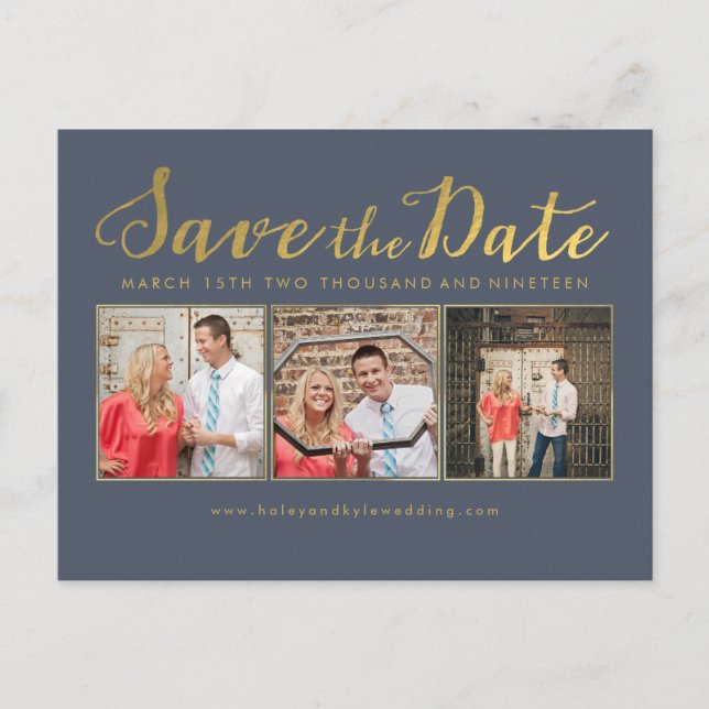 Save the Date Gold Navy Typography Photo cards (Front)
