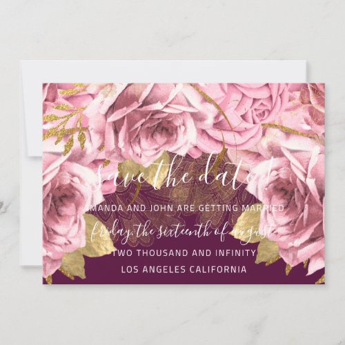 Save The Date Gold Pink Floral Rose Burgundy