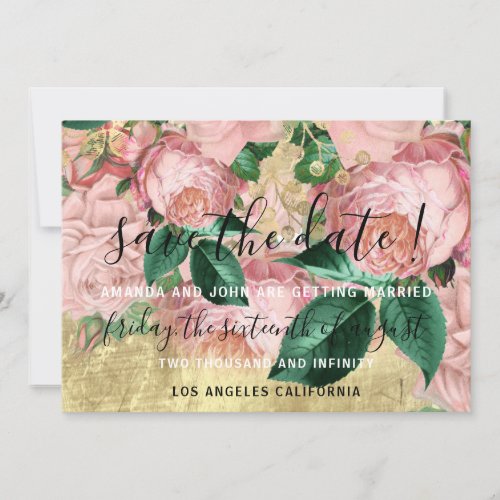 Save The Date Gold Pink Wreath Rose Green