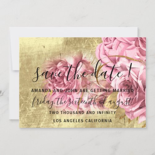 Save The Date Gold Pink Wreath Rose Grunge