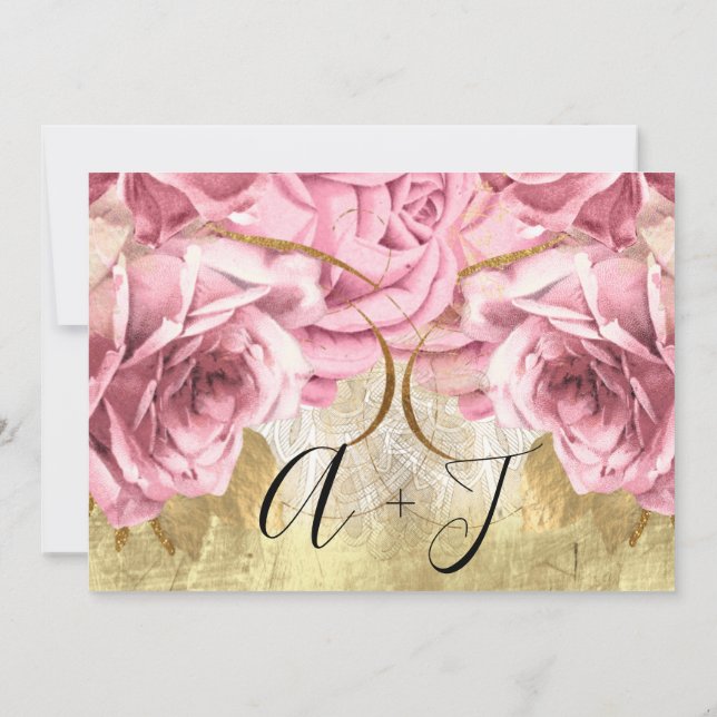 Save The Date Gold Pink Wreath Rose Wedding Bride (Back)