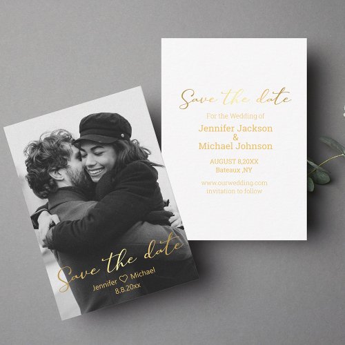 save the date gold script couple photo note card