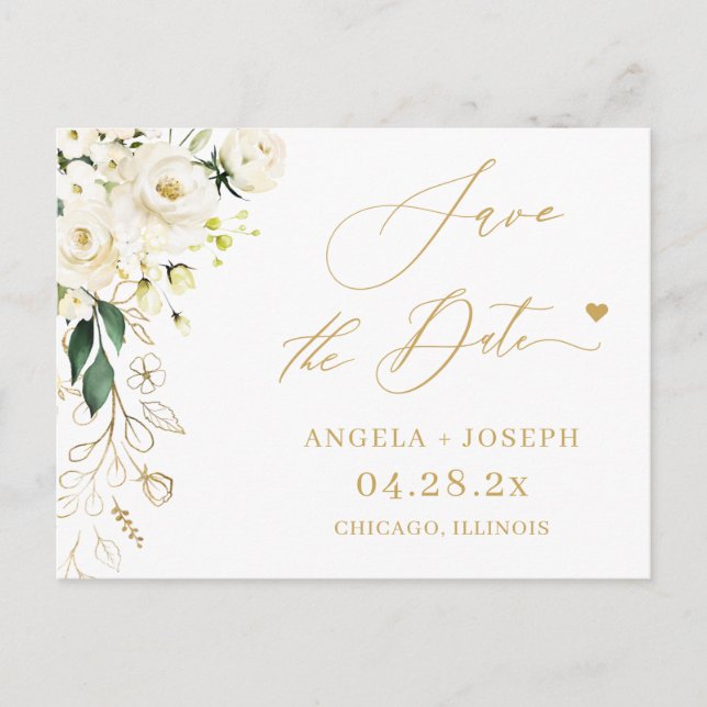 Save the Date Gold Script Green and White Floral Postcard (Front)