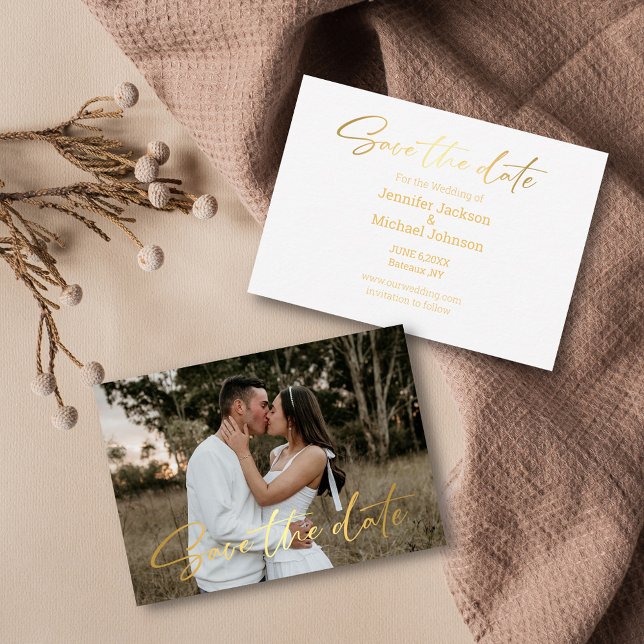save the date gold script wedding photo card (Creator Uploaded)