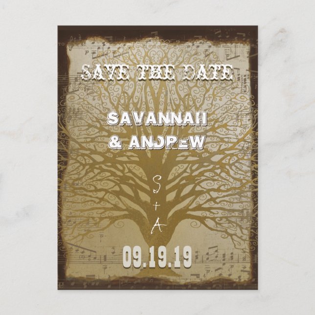 Save the Date Gold  Swirly Tree Announcement Postcard (Front)