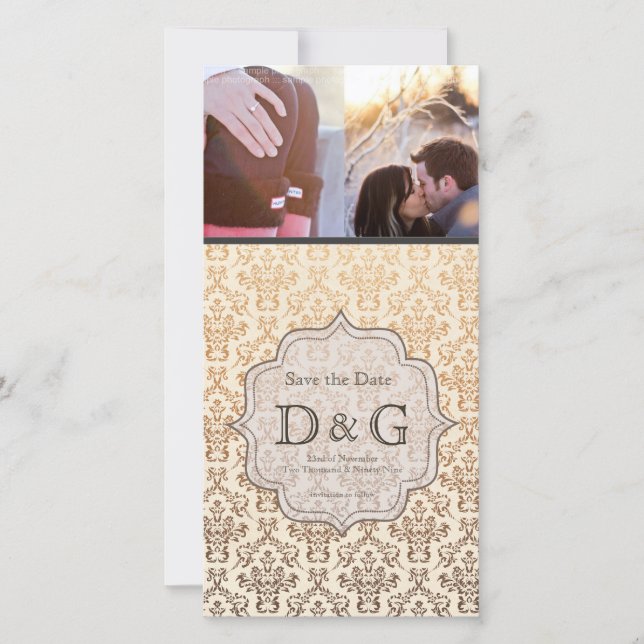 Save the Date Gold Vanilla Damask Fillagree Card (Front)