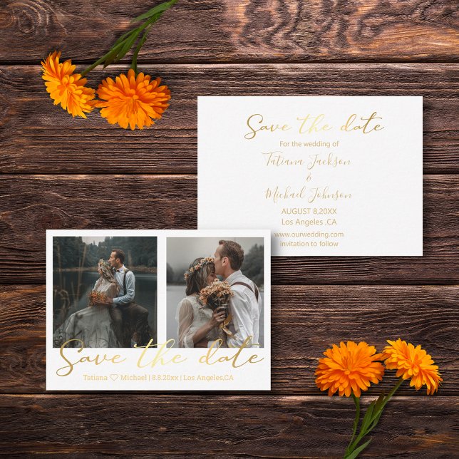 save the date gold wedding 2 photos collage note card (Creator Uploaded)