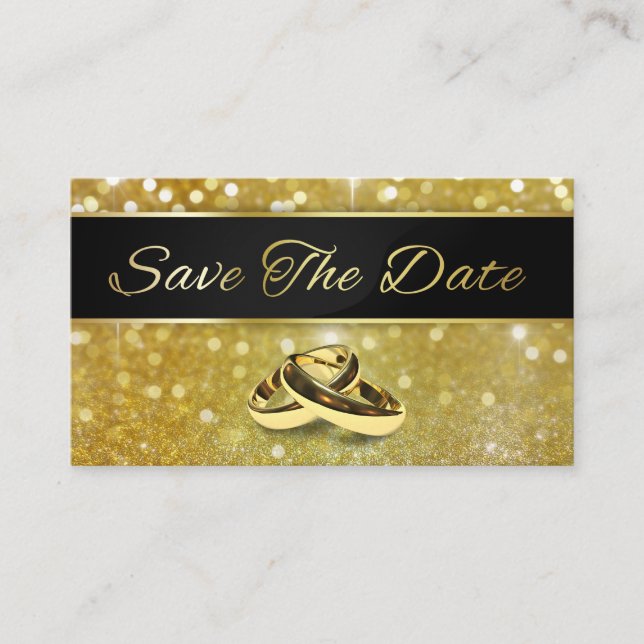 Save the Date Gold Wedding Rings - Business Card (Front)