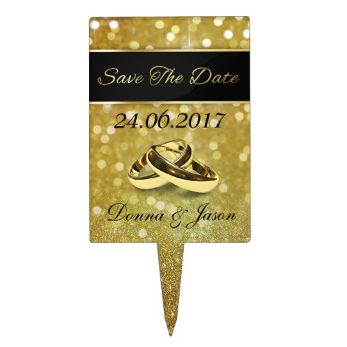 Save the Date Gold Wedding Rings _ Cake Pick