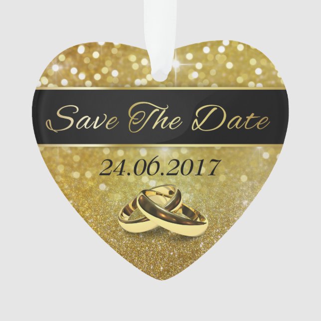 Save the Date Gold Wedding Rings - Heart Ornament (Front)