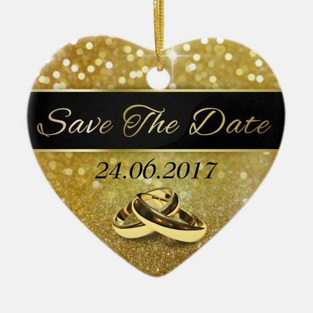 Save the Date Gold Wedding Rings - Heart Ornament (Front)