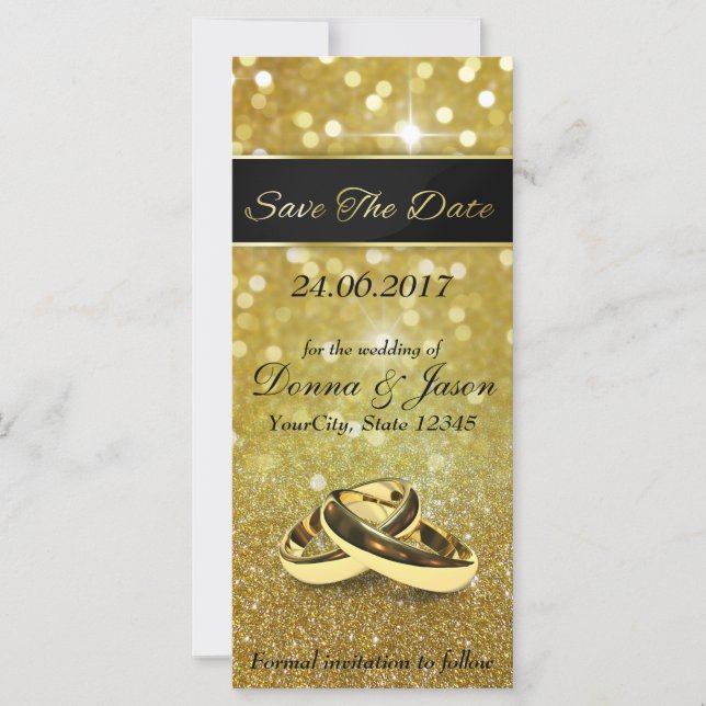 Save the Date Gold Wedding Rings - Rack Card (Front)