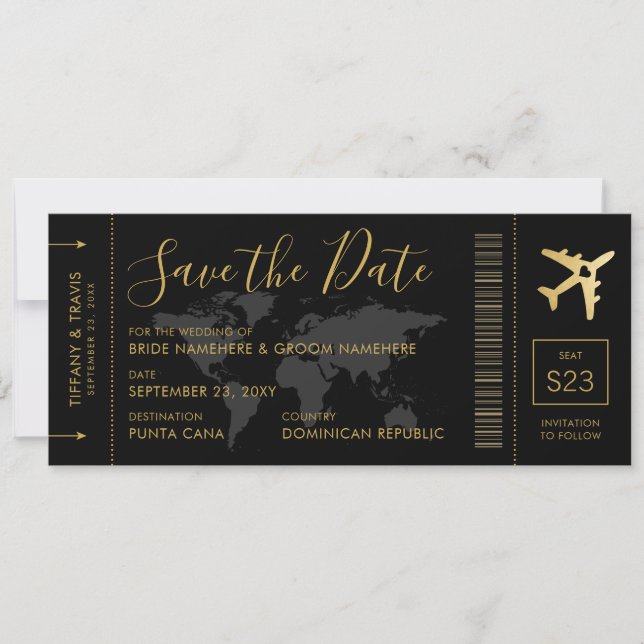 Save the Date Gold World Map Boarding Pass (Front)