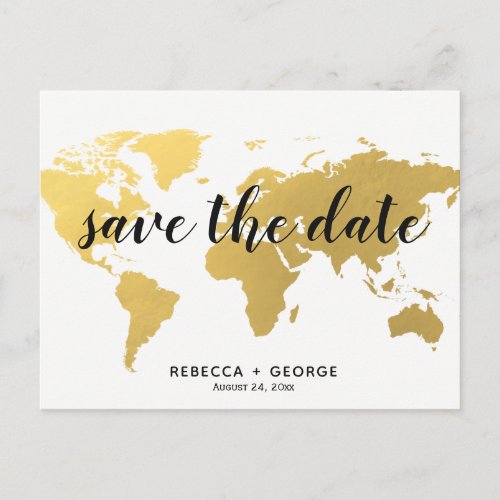 save the date gold world map destination wedding announcement postcard