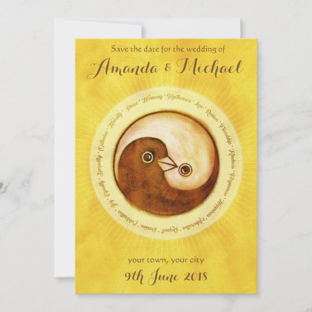 SAVE THE DATE Gold YinYang doves wedding card (Front)