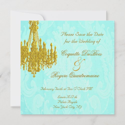 Save the Date Golden Chandelier and Aqua Damask