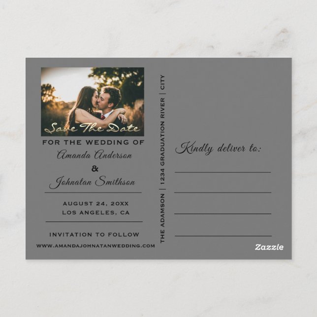 Save The Date Golden Script Photo Black White Gray Postcard (Back)