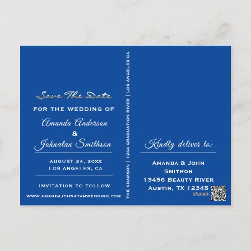 Save The Date Golden Script Photo Royal Blue Postcard