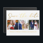 save the date golden wedding  photo collage magnet<br><div class="desc">elegant stylish save the date , minimalist golden calligraphy,  wedding  three photos collage magnet.</div>