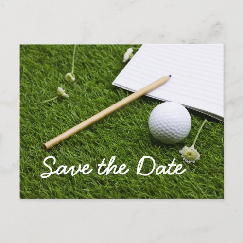 Save the date golf ball with pencil on green invitation postcard