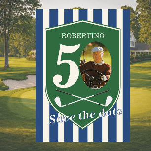 Save the Date Golfer Blue Photo 50th Birthday Invitation
