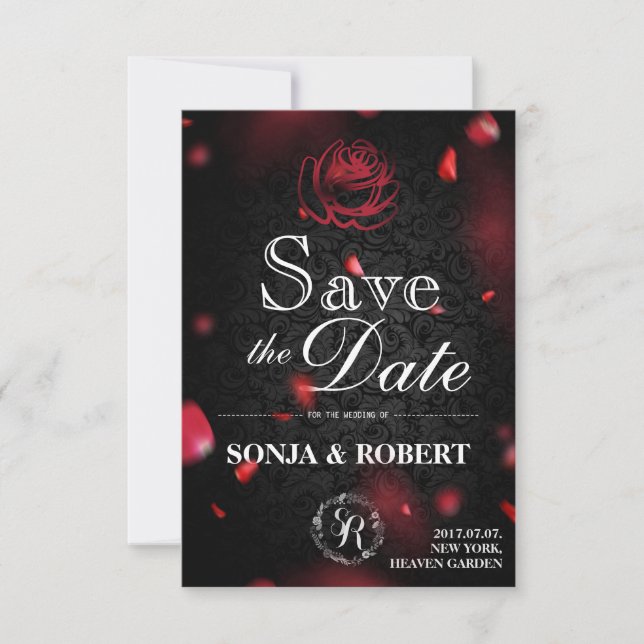 Save the Date - Gothic Black with Rose petals (Front)